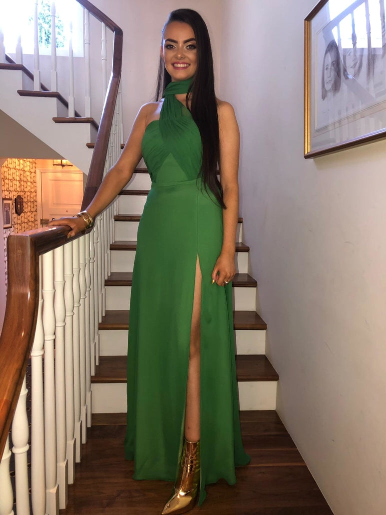 Emerald Green Silk Chiffon Halterneck Debs Dress