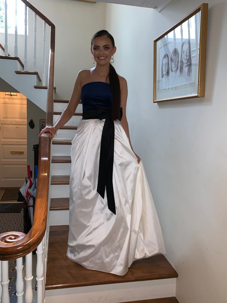 Winter White Silk Dupion with Ink Blue and Black Silk Velvet Debs Dress