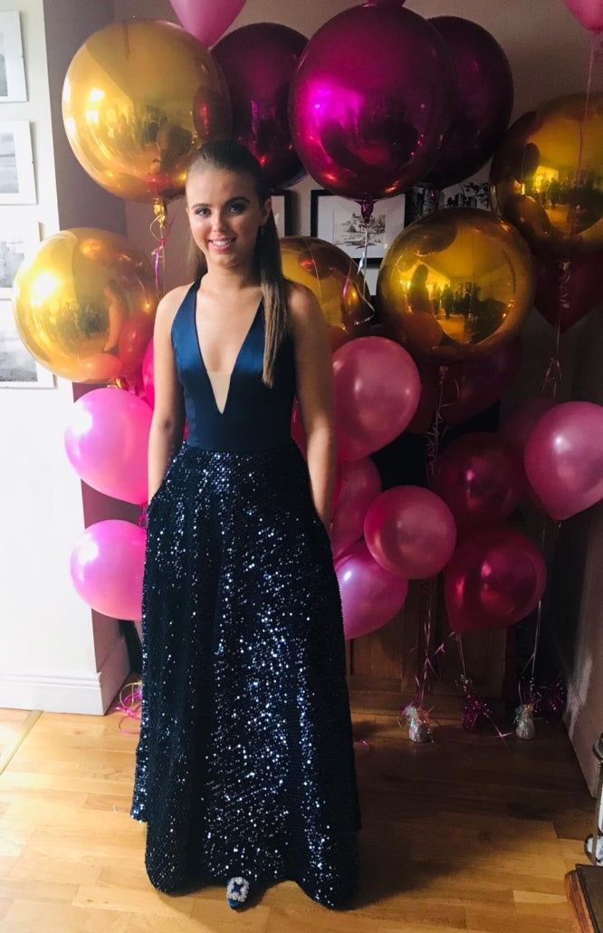 Ink Blue Silk Satin with Sequin Debs Dress