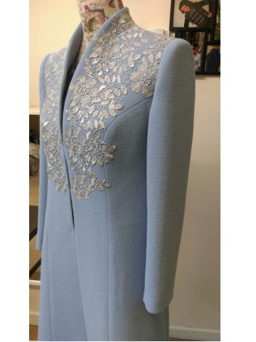 Cornflower Wool Crepe and Silver Appliqued Lace