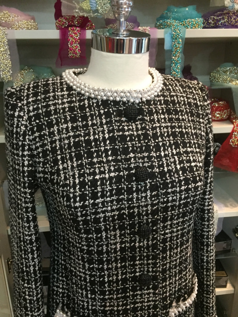 Button Detail Wool Day Dress with Beading