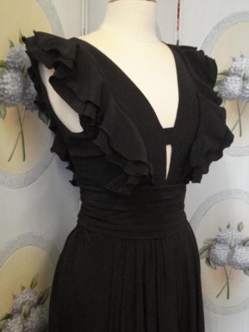 Black Silk Crepe Plunge Neckline with Double Ruffled Cap Sleeve