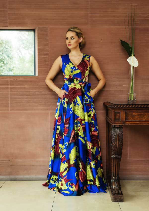 Sapphire and Lime Printed Silk Satin Full Length Gown