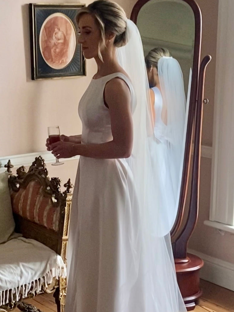 Treble Silk Satin Crepe Wedding Dress Side Profile