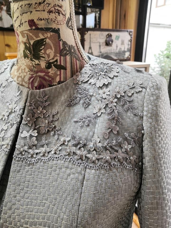 Tesserae silk and appliqued lace