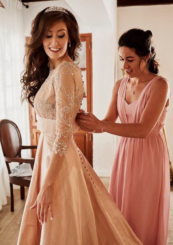 Blush Silk Dupion Wedding Dress with Beaded Blush Separate Bodice Top
