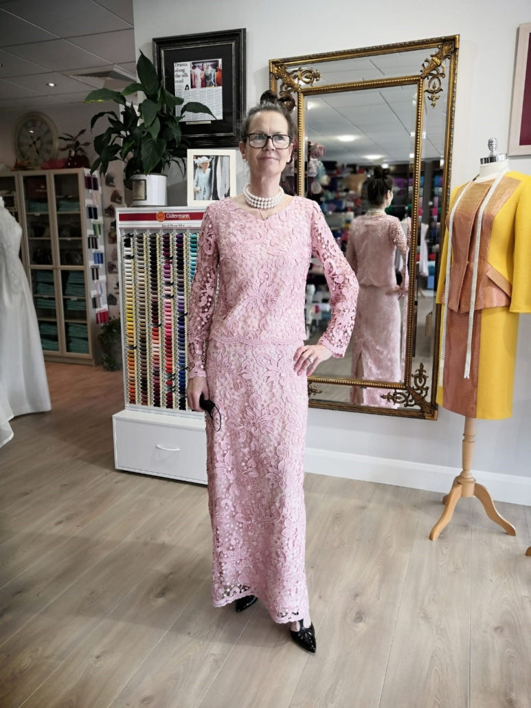 Two Piece Vintage Pink Guipure Lace Over Double Weight Silk Crepe
