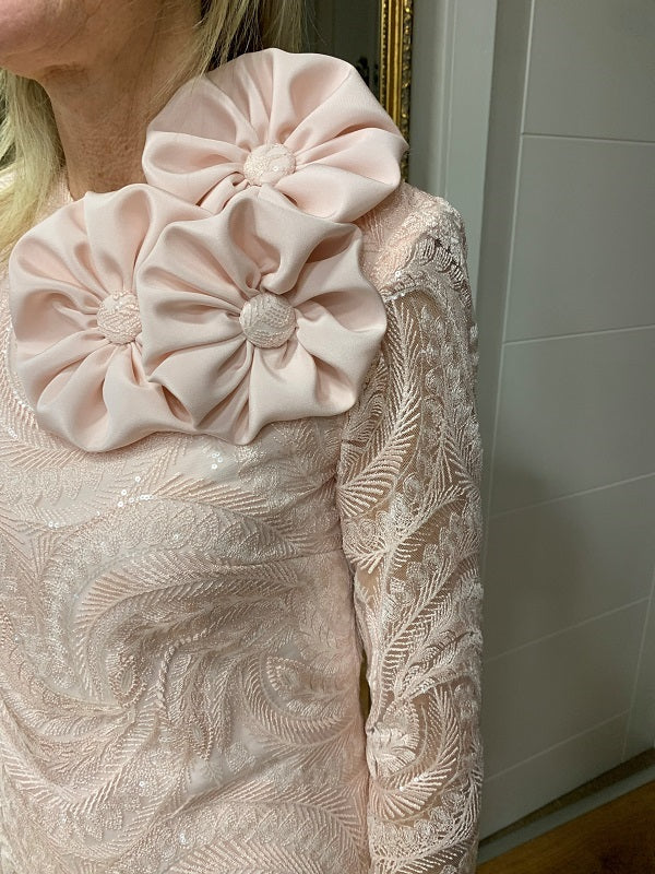 Double Weight Silk Crepe and Sequin Lace with Flower Bud Detail