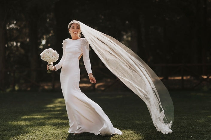 Winter White Heavy Weight Silk Crepe Wedding Dress with Appliqued Silk