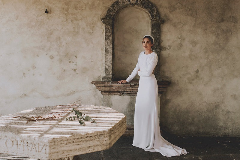 Winter White Heavy Weight Silk Crepe Wedding Dress with Appliqued Shoulder Detail