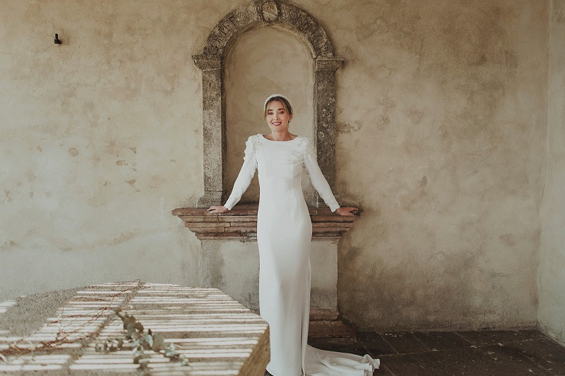 Winter White Heavy Weight Silk Crepe Wedding Dress with Appliqued Shoulder Detail