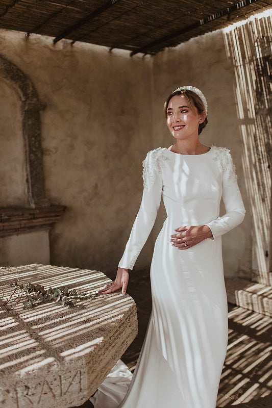Winter White Heavy Weight Silk Crepe Wedding Dress with Appliqued Shoulder Detail