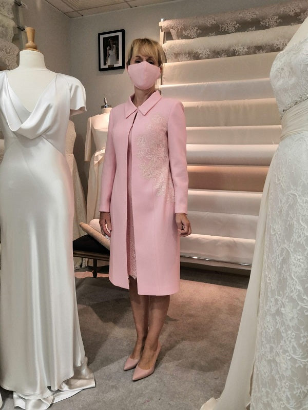 pale pink single weight wool crepe coat with applique
