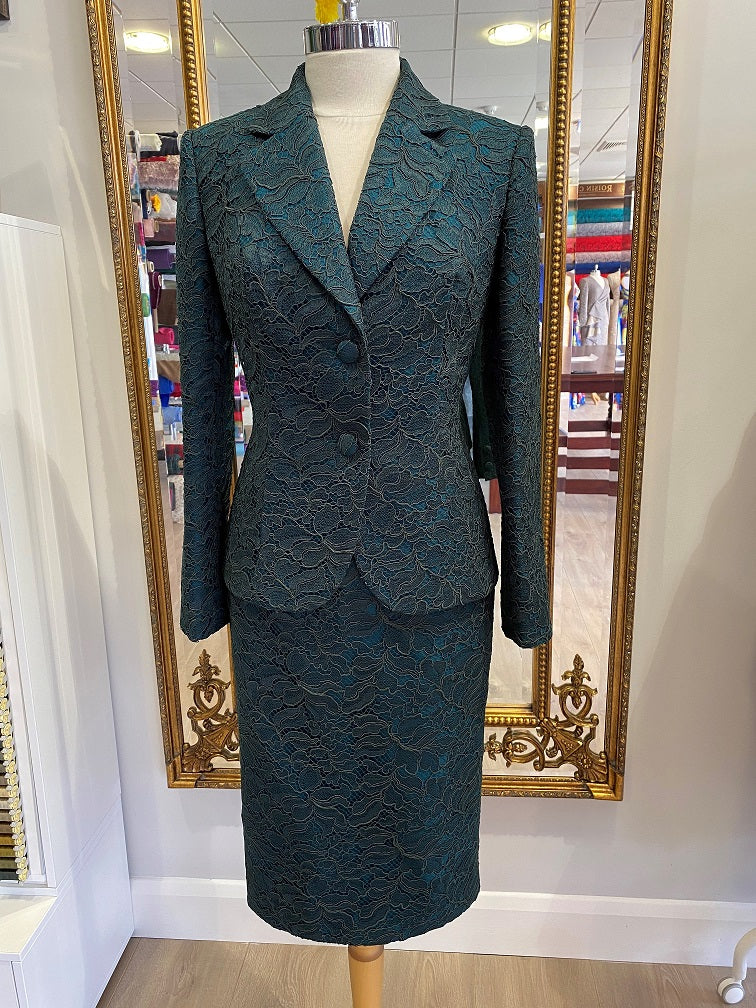 Forest Green Silk Dupion and Solstiss Lace Jacket and Skirt