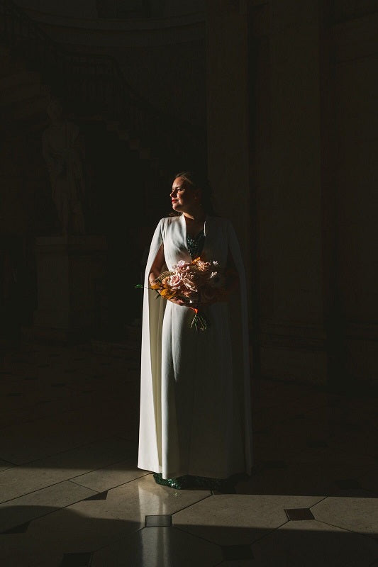 Winter white washable crepe full length bridal cape Katie Kav Photography