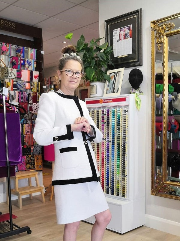 winter white wool dress and jacket with black velvet trim