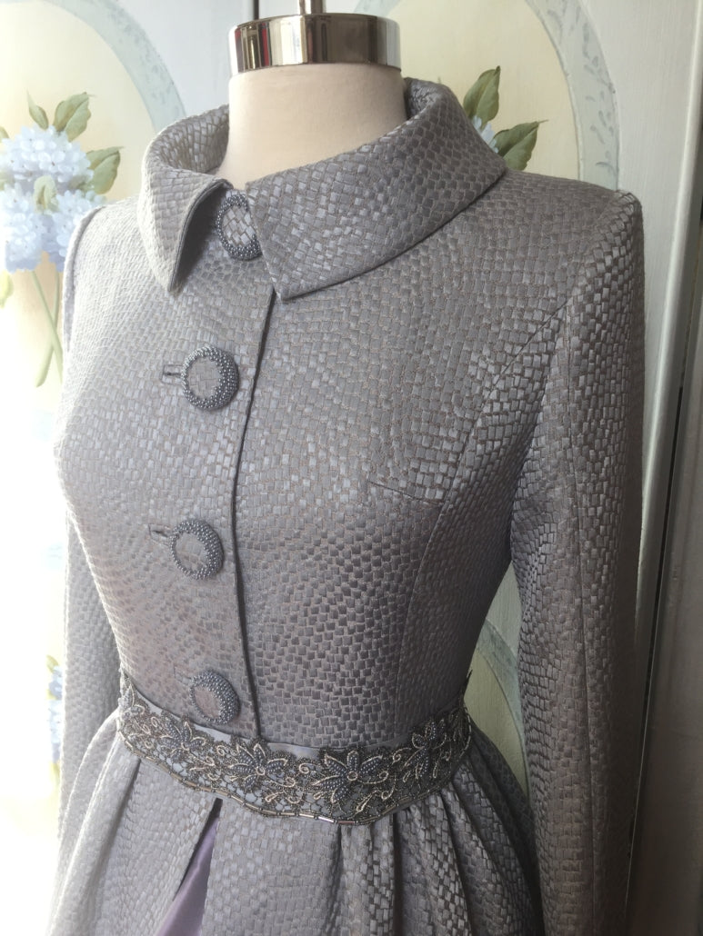 Lilac Tesserae Silk with Beaded Buttons and Beaded Belt