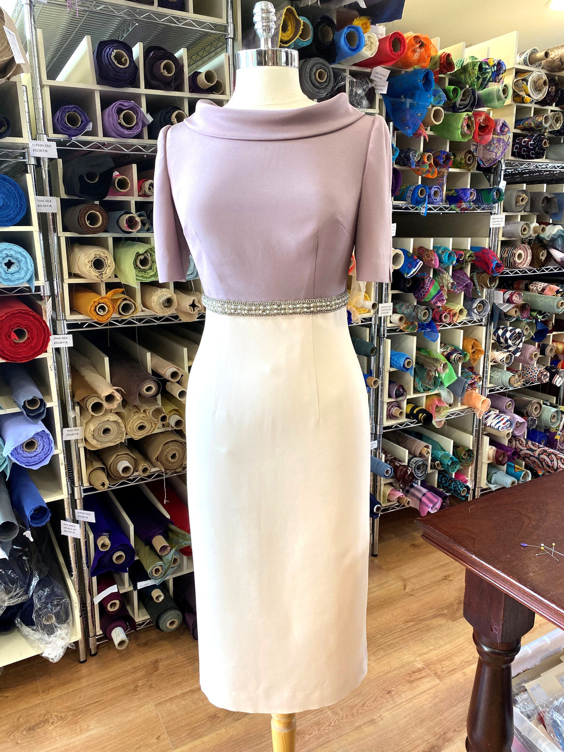 Grape & Baby Pink Double Weight Dress with Beaded Detail