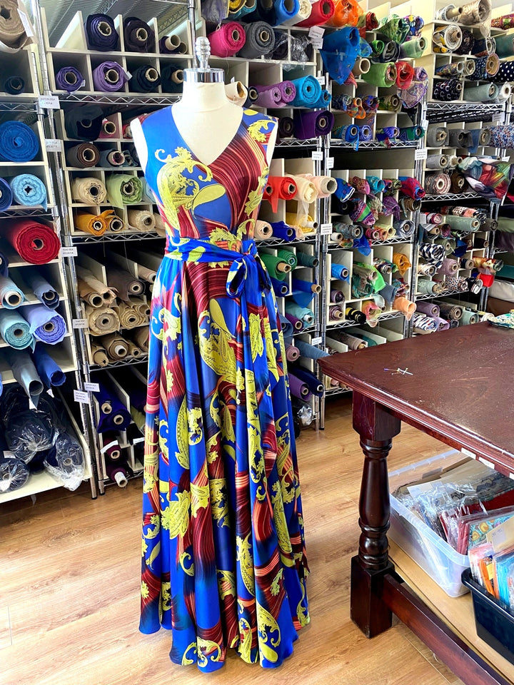 Printed Silk Satin Full Circular and Full-length Dress with Pockets
