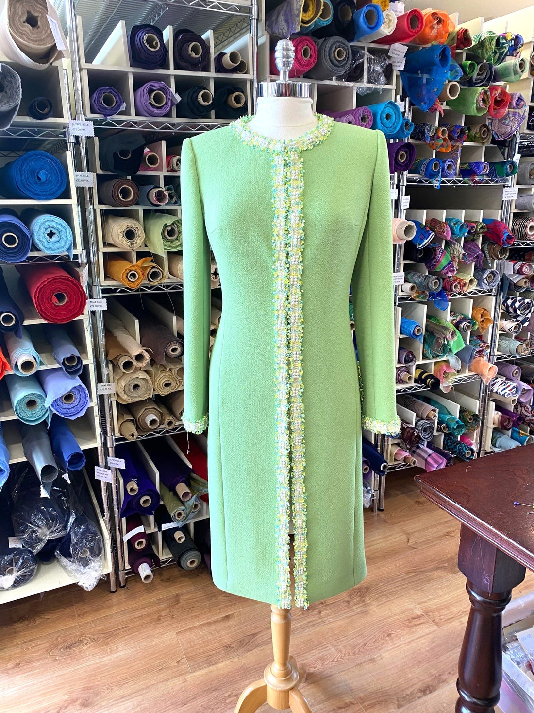 Apple Green Double Weight Wool Crepe Coat with Beaded Trim
