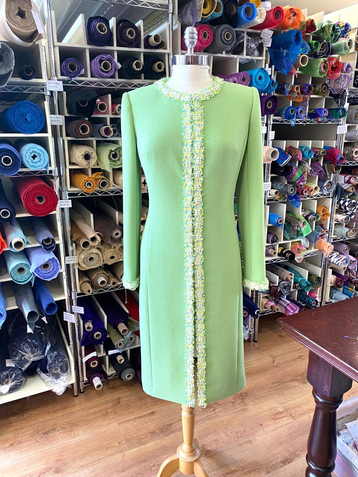 Apple Green Double Weight Wool Crepe Coat with Beaded Trim