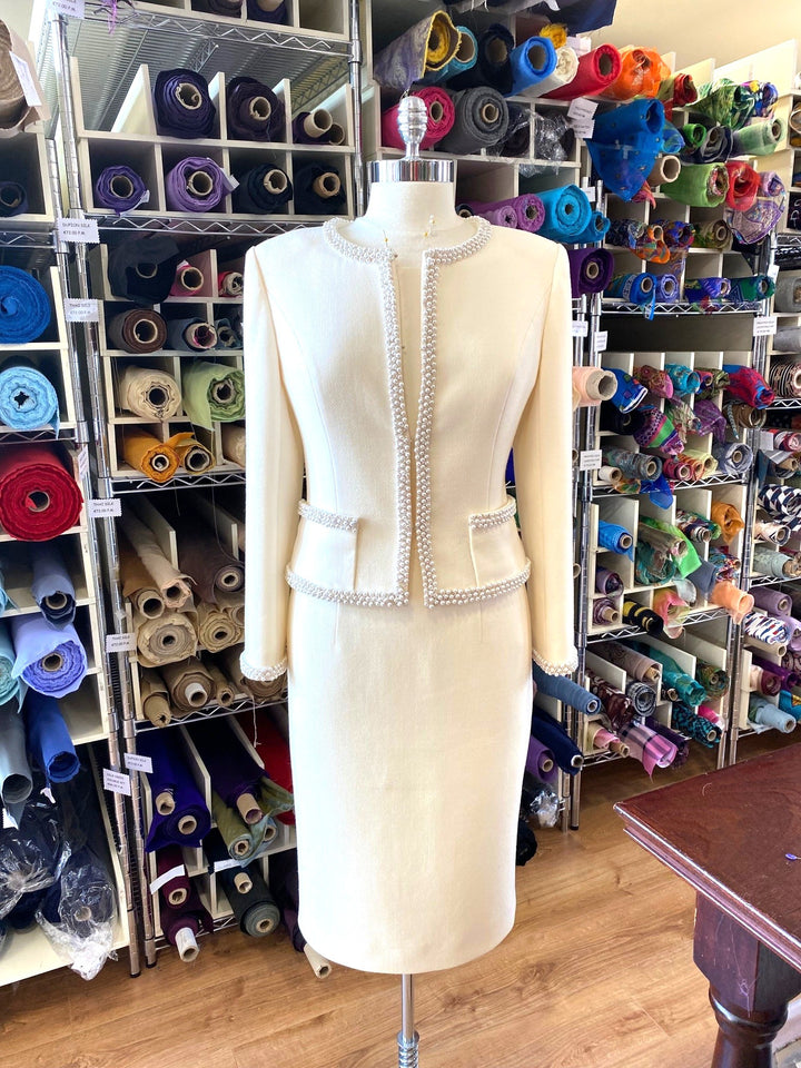 Winter White Double Weight Wool Crepe Two Piece with Silver and Pearl Detail