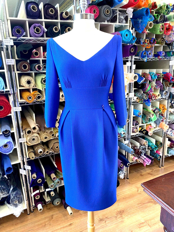 Cobalt Double Weight Wool Crepe Dress with Pinched Waistline and Spray of Stone