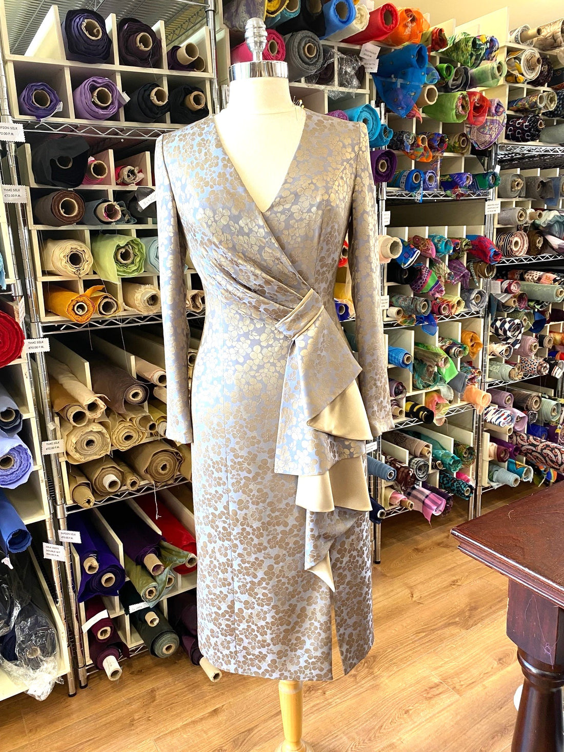 Printed Silk Crepe with Antique Gold Silk Satin Contrast