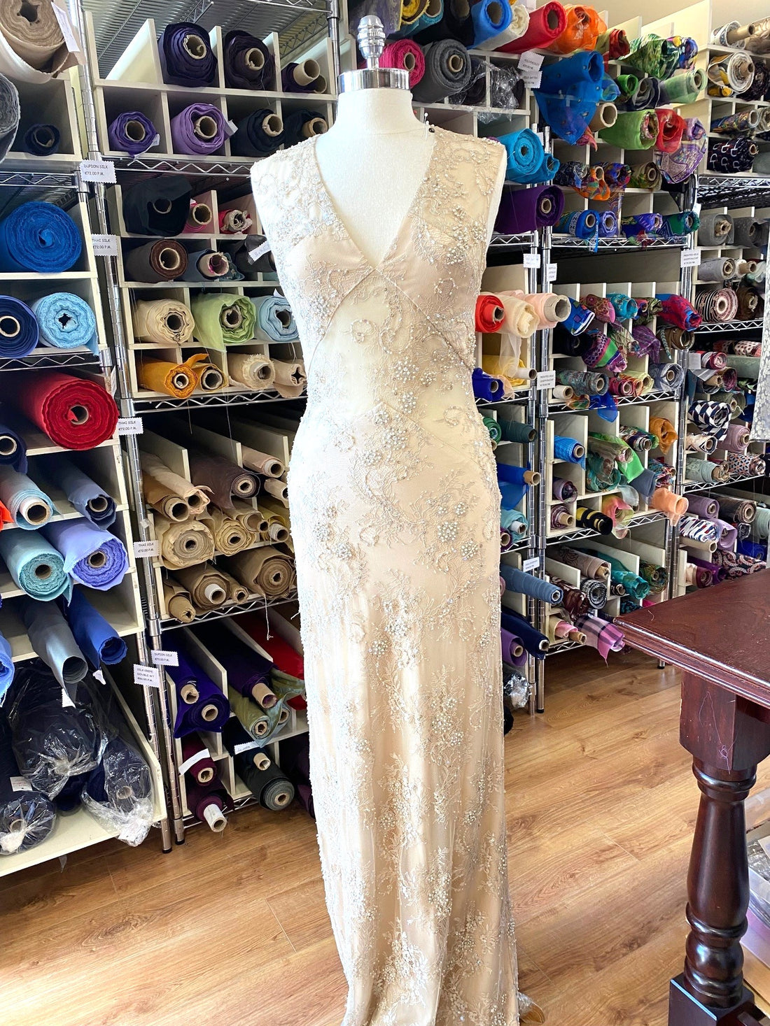 Blush Beaded Lace with Blush Treble Silk Satin Crepe Full Length Evening Gown
