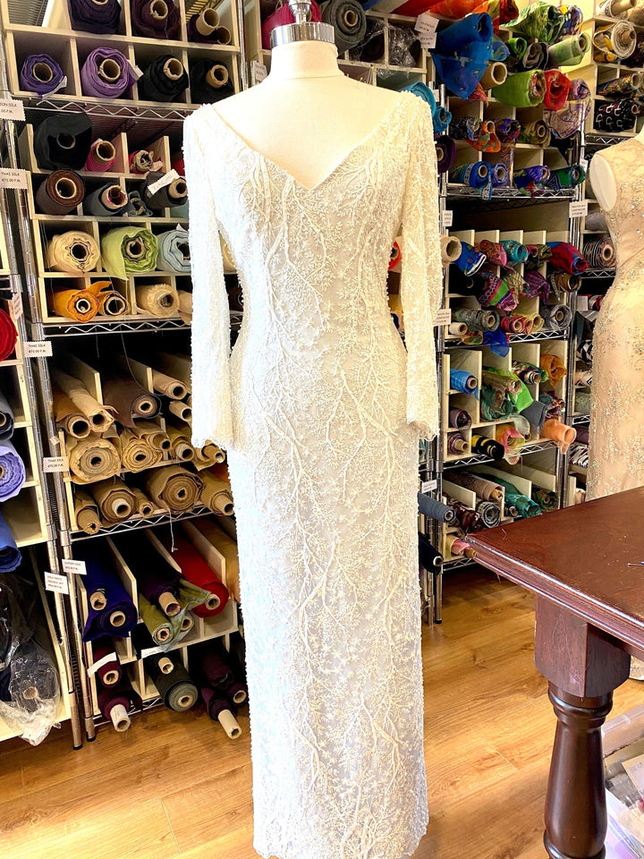 Winter White Ivory Beaded Lace and Silk Organza Full Length Bridal Dress