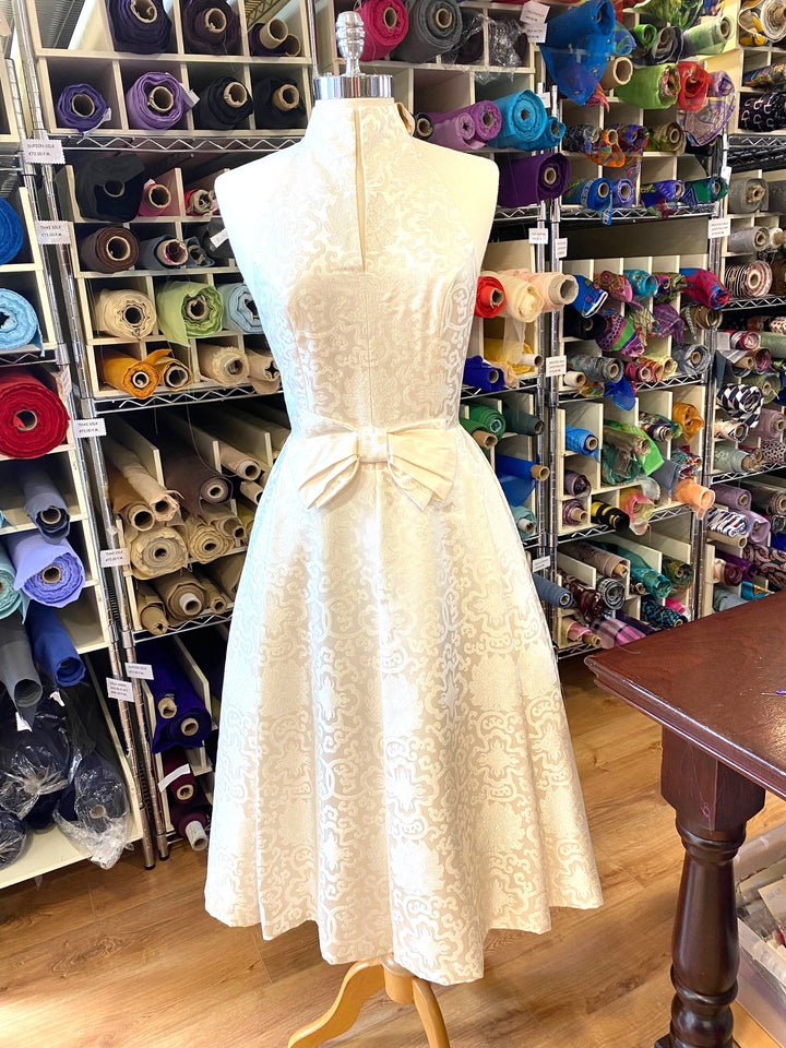 Winter White Silk Brocade Sleeveless Three-Quarter Length Bridal Dress