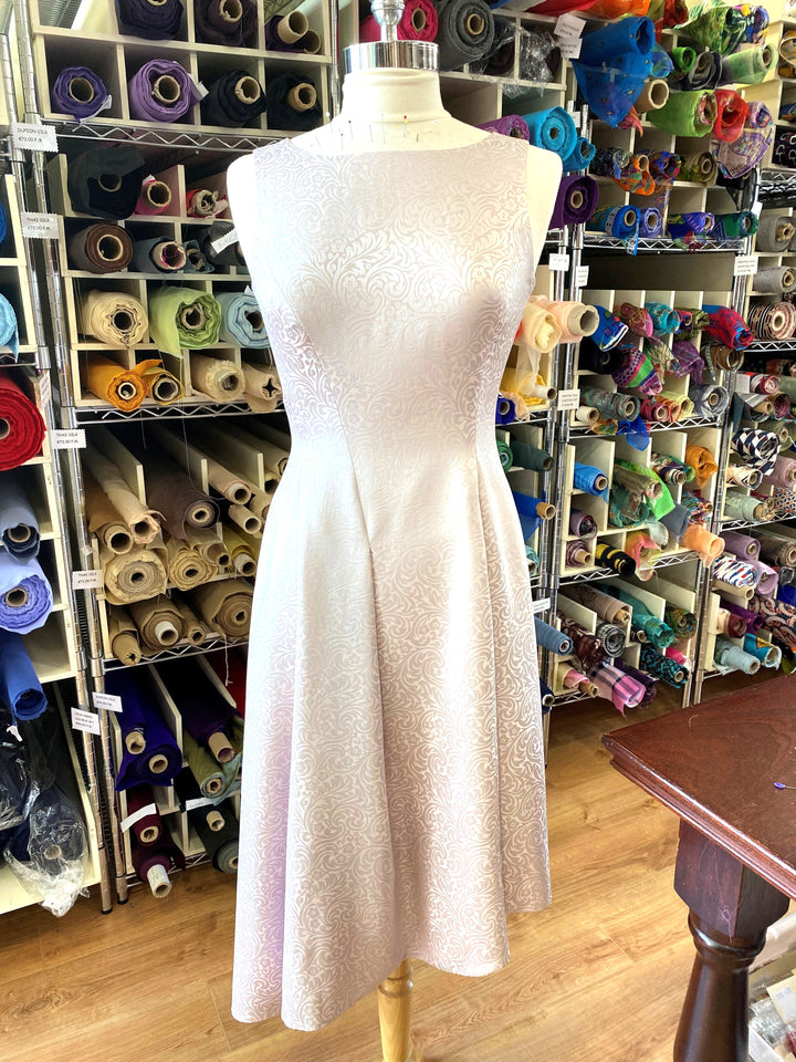 Wisteria & Silver Jacquard Sleeveless Silk Crepe Dress. Princess Line With Pockets