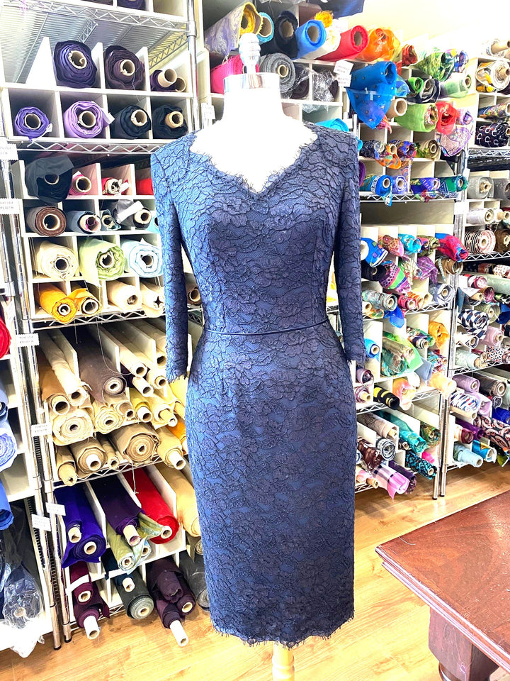 French Navy Double Weight Silk Crepe with Solstiss Lace Overlay and Silk Satin Detail