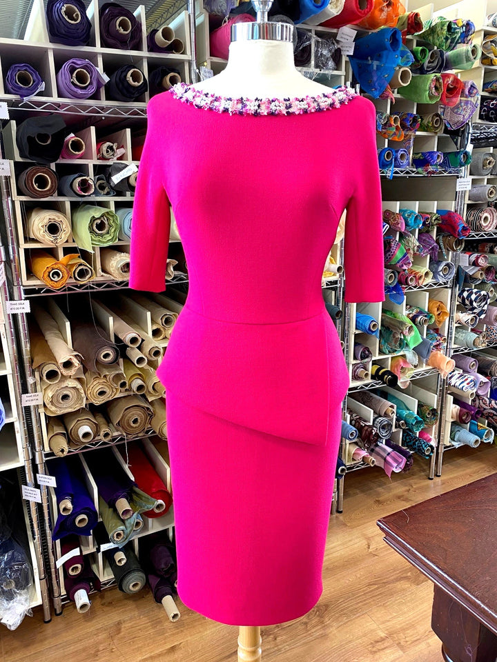 Fuscia Double Weight Wool Crepe Dress with Asymmetrical Detail and Beaded Finish