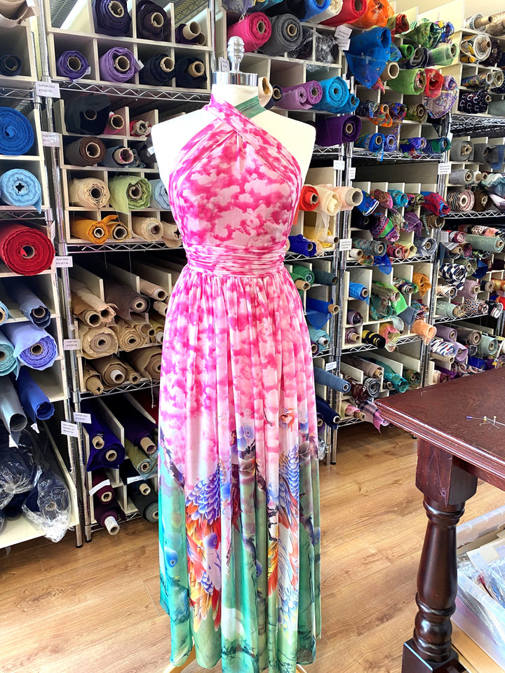 Printed Silk Chiffon Full Length Dress With Halter Neckline & Tie Back