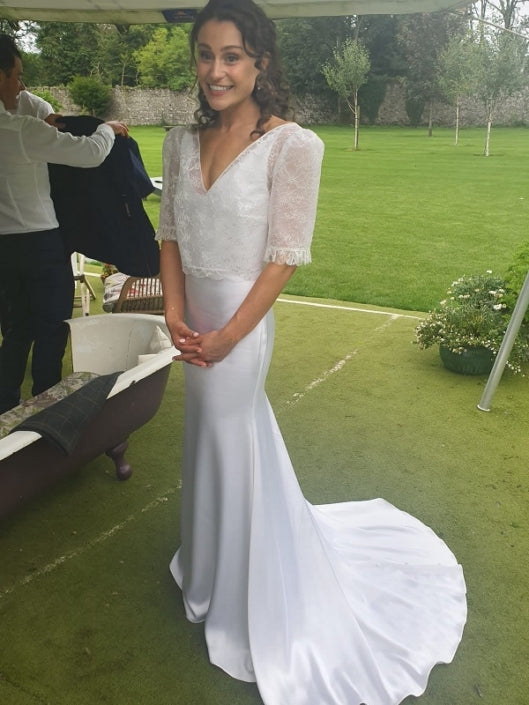 Treble Silk Satin Crepe and Chantilly Lace Wedding Dress